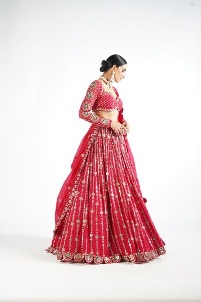 Crimson Red Small Flower Linear Lehenga Set