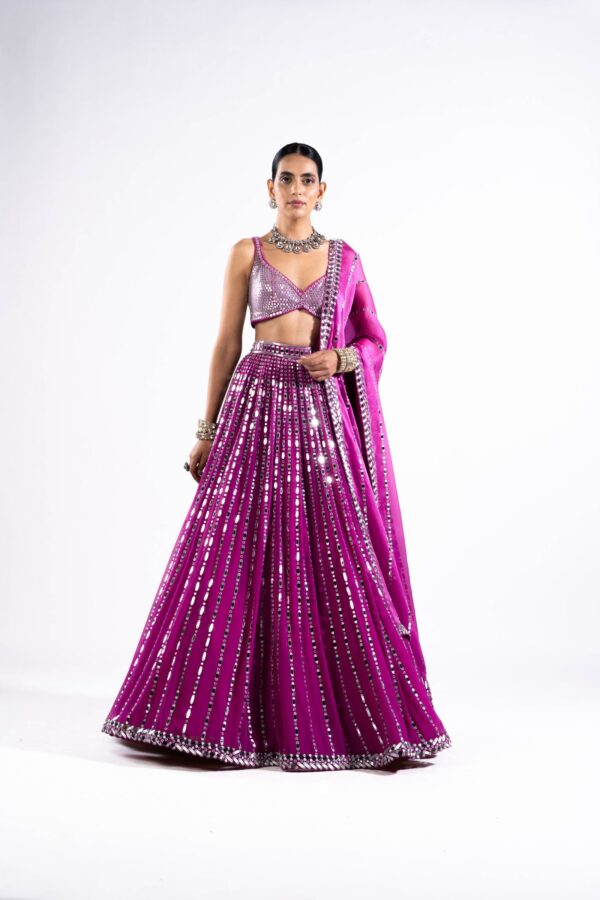 Pop Wine Linear Drop Lehenga With Metallic Blouse