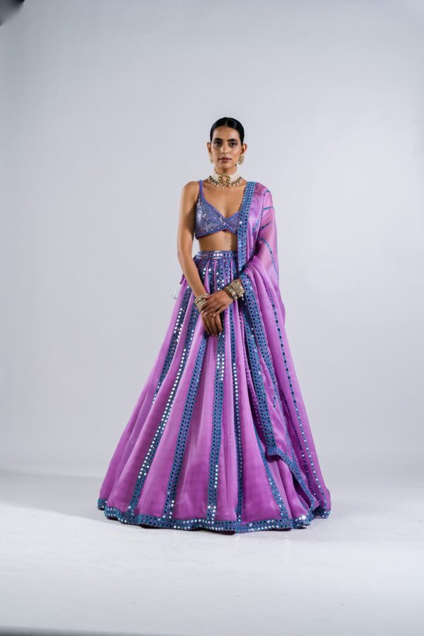 Mauve Mirror Seam Lehenga Set With Metallic Blouse