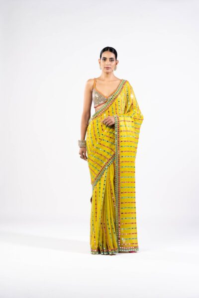 Moss Green Mirror Saree With Metallic Blouse