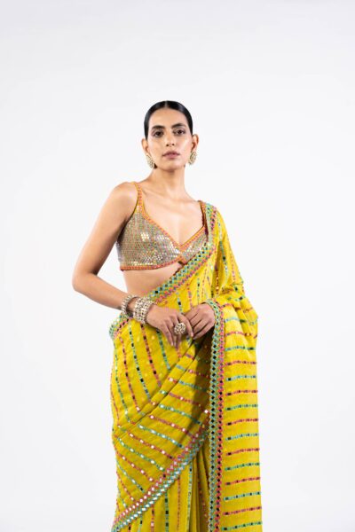 Moss Green Mirror Saree With Metallic Blouse