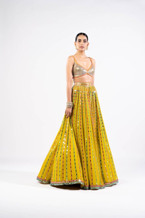 Moss Green Linear Drop Lehenga With Metallic Blouse