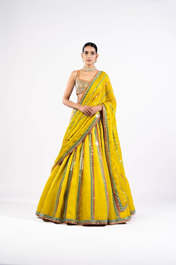 Moss Green Mirror Seam Lehenga Set With Metallic Blouse