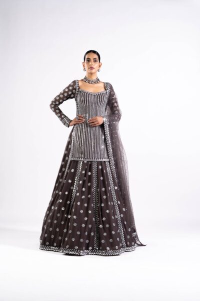 Charcoal Grey Mirror Work Kurta Lehenga Set