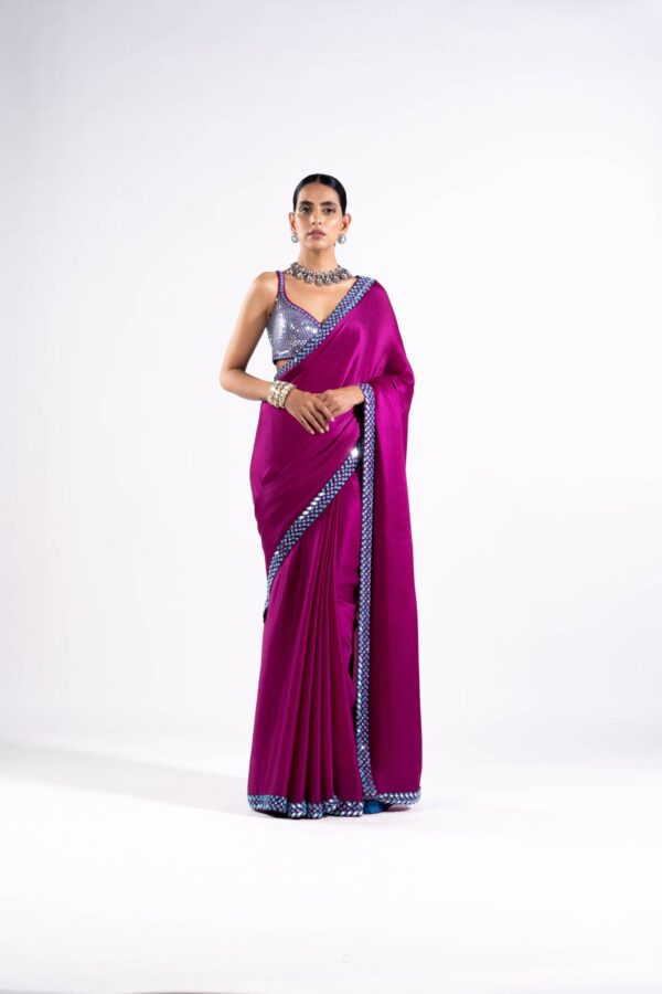Pop Wine Satin Chiffon Saree Set