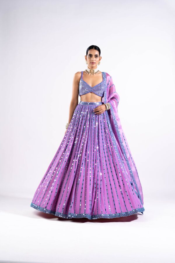Mauve Linear Drop Lehenga With Metallic Blouse