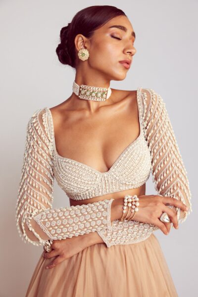 Beige Pearl Chandelier Drop Organza Lehenga Set