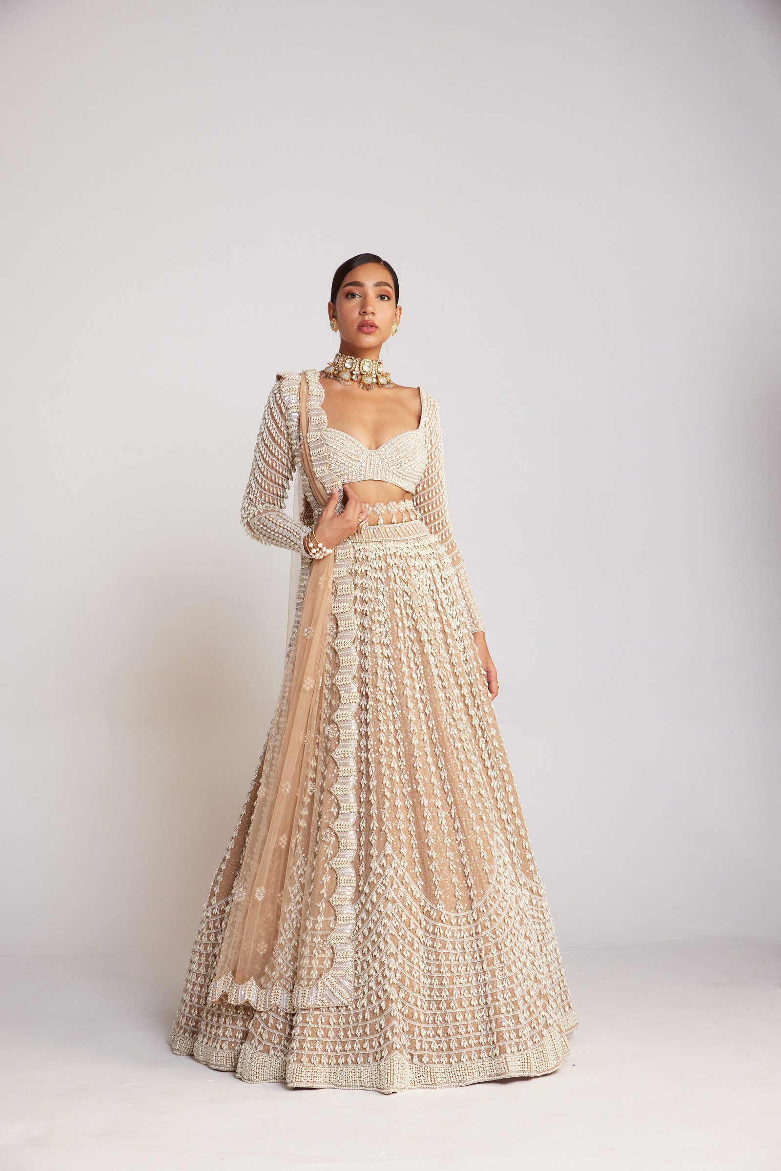 Beige Chandelier Pearl Lehenga Set