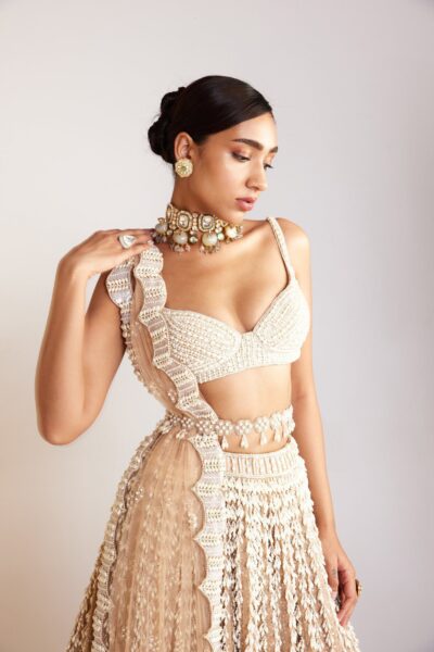 Beige Chandelier Pearl Sweetheart Neck Lehenga Set
