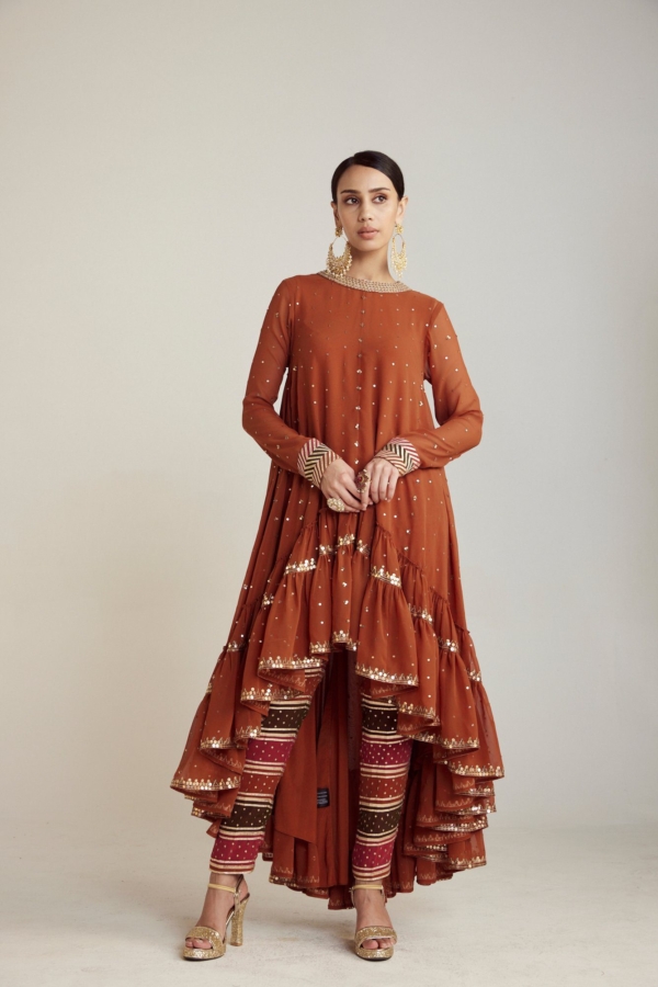 Rust Asymmetrical Kurta Pant Set