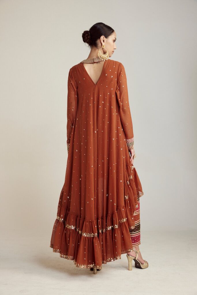 Rust Round Neck Asymmetrical Kurta Pant Set
