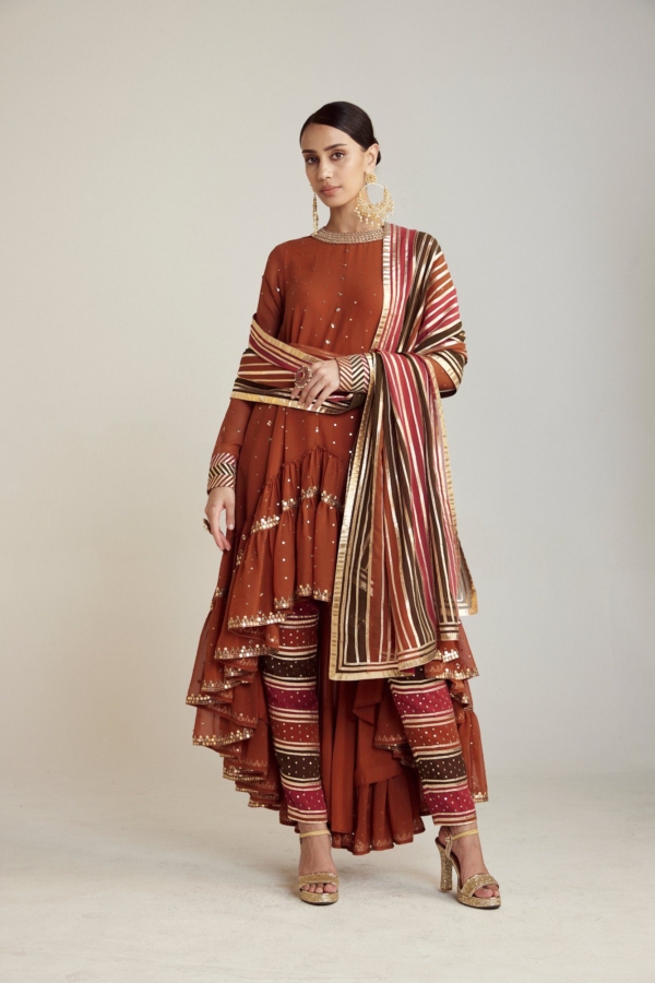 Rust Round Neck Asymmetrical Kurta Pant Set