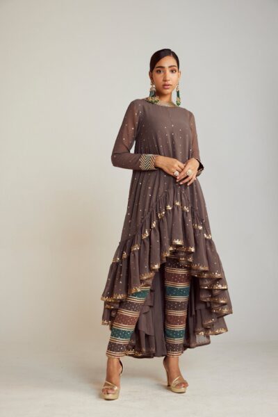 Charcoal Grey Asymmetrical Kurta Pant Set
