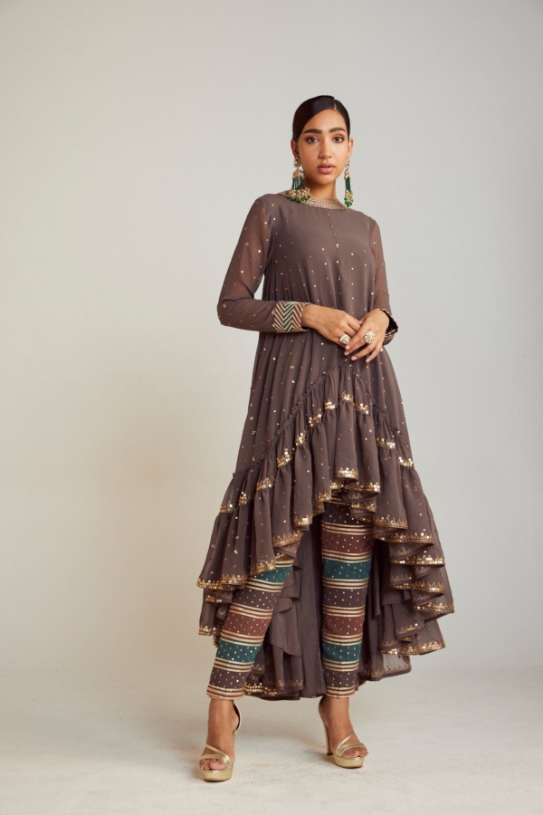 Charcoal Grey Asymmetrical Kurta Pant Set