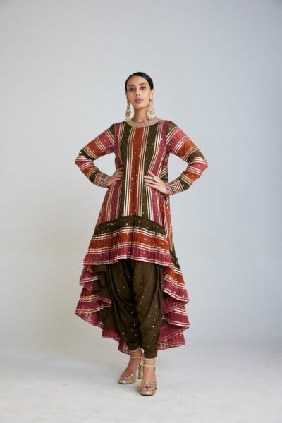 Olive Green Asymmetrical Kurta Dhoti Set