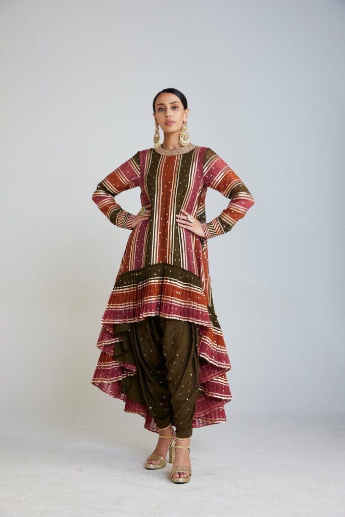 Olive Green Asymmetrical Kurta Dhoti Set