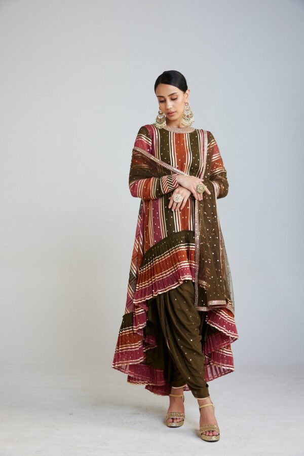 Olive Green Round Neck Asymmetrical Kurta Set