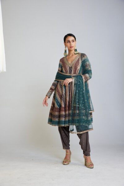 Mud Green V Neck A Line Dhoti Kurta Set