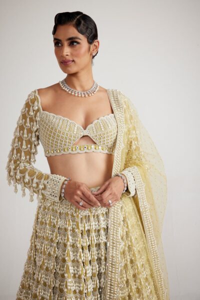 Fern Green Chandelier Pearl Drop Heavy Lehenga set