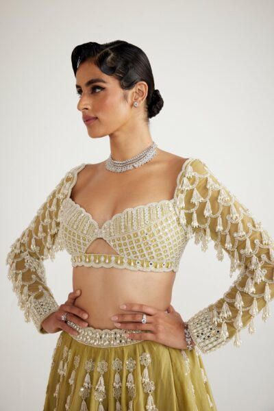 Fern Green Chandelier Pearl Drop Full Sleeve Lehenga set