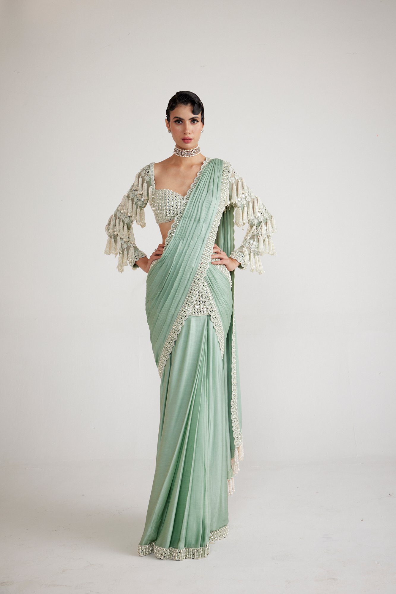 Powder Mint Green Chandelier Drop Saree Set