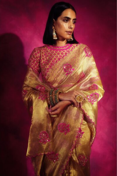 Gold Tissue Applique Saree Set