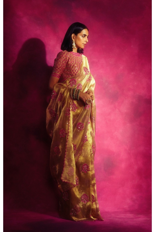 Gold Tissue Applique Saree Set