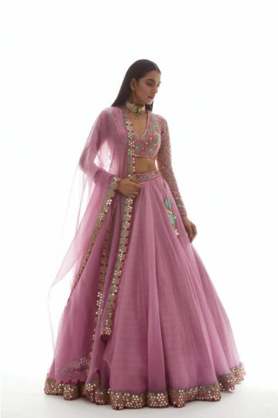 Dull Pink Applique Organza Lehenga Set