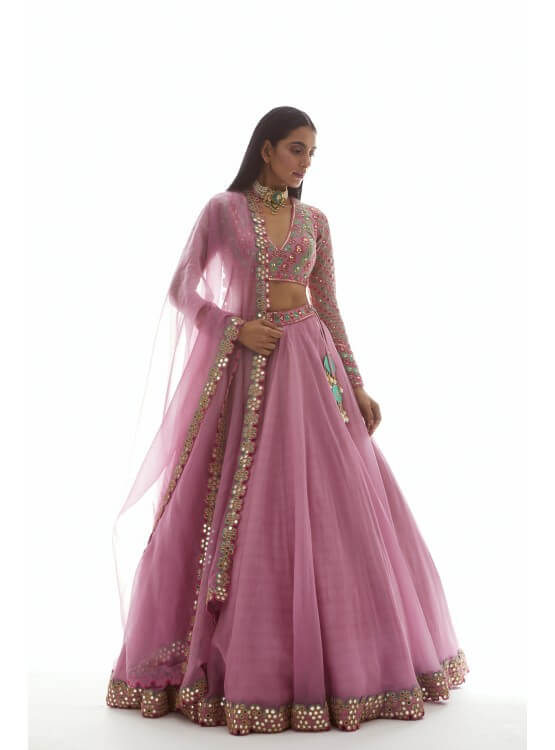 Dull Pink Applique Organza Lehenga Set