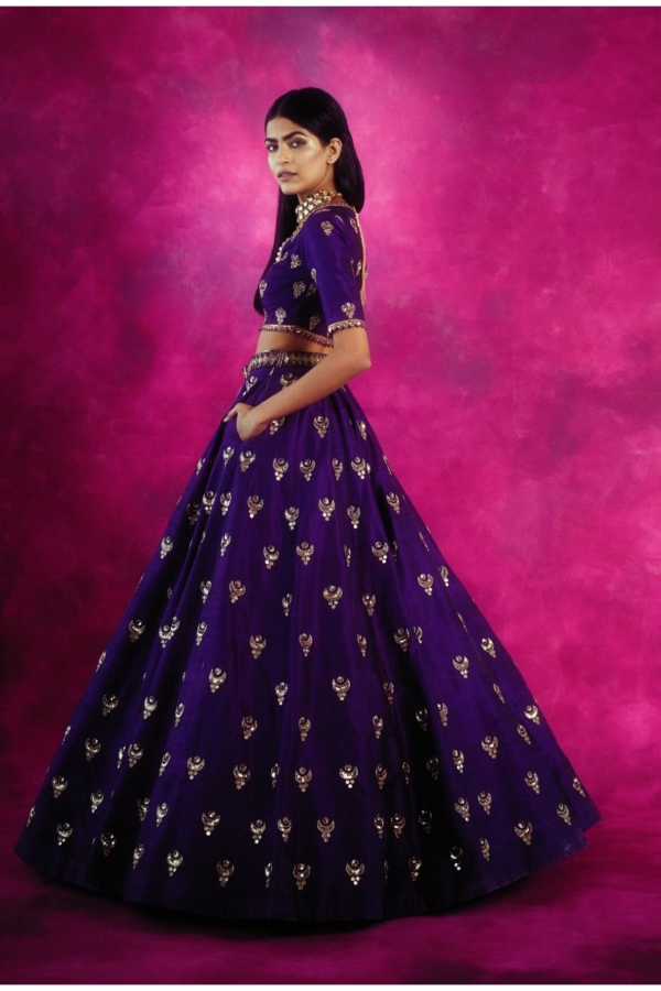 Purple Chand Boota Crop Top Skirt Set