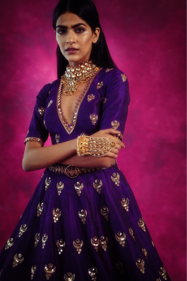 Purple Chand Boota Crop Top Skirt Set