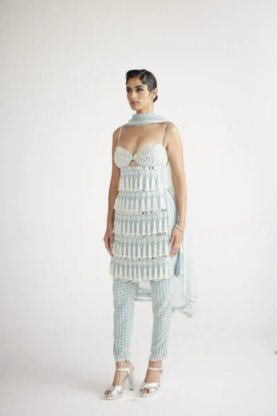Powder Blue Chandelier Pearl Drop Pant Kurta Set
