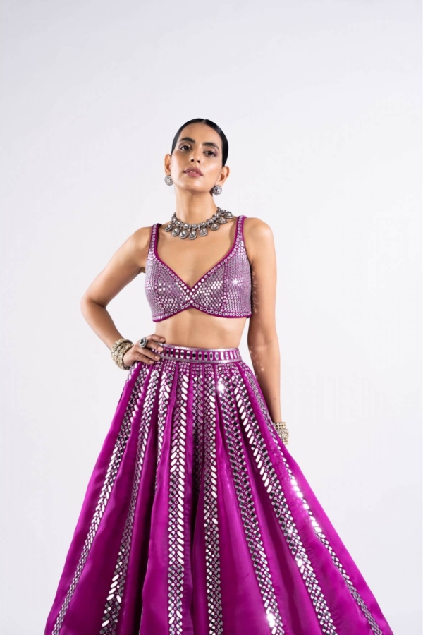 Pop Wine Mirror Seam Lehenga Set