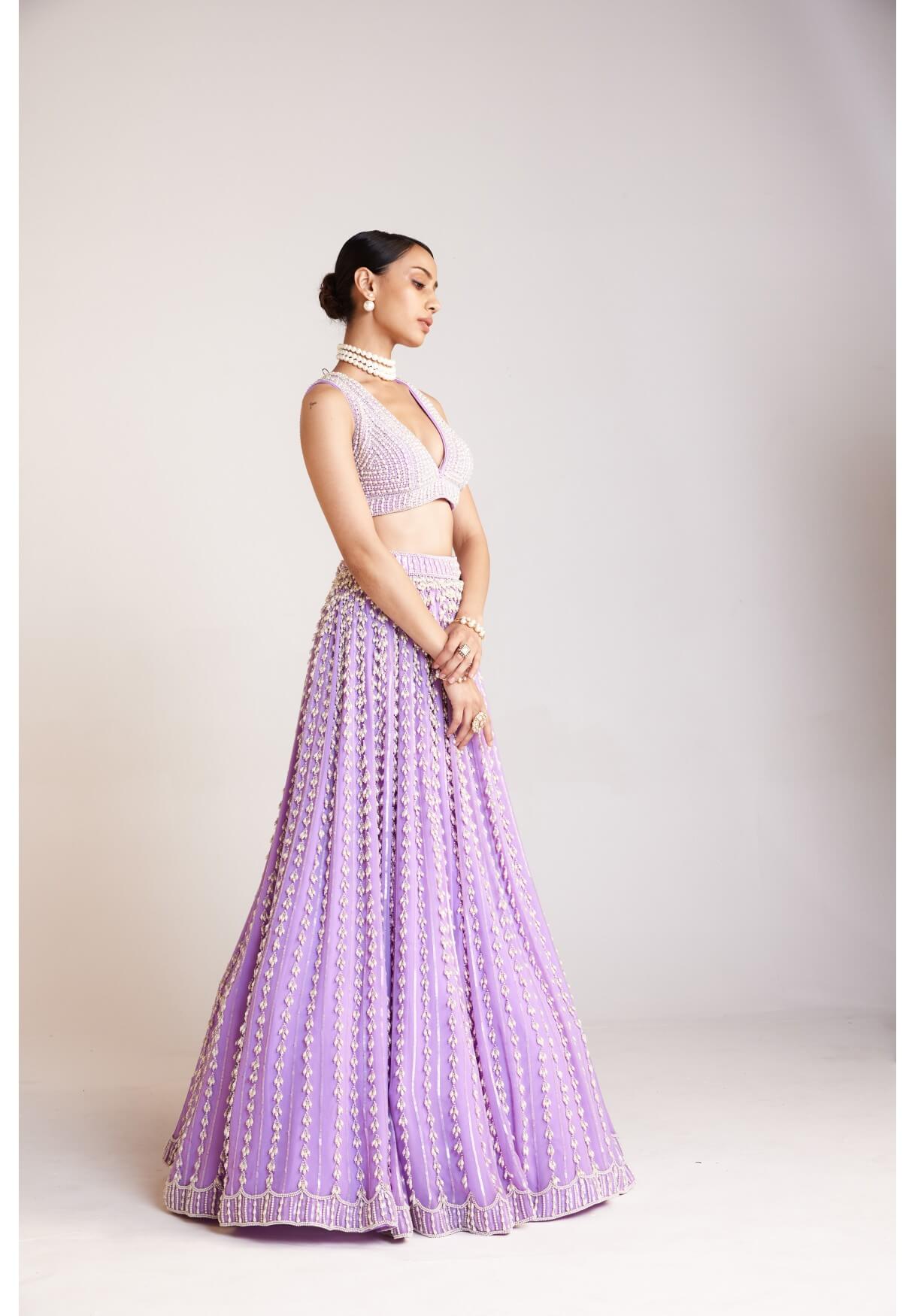 Lilac V Neck Pearl Chandelier Lehenga Set