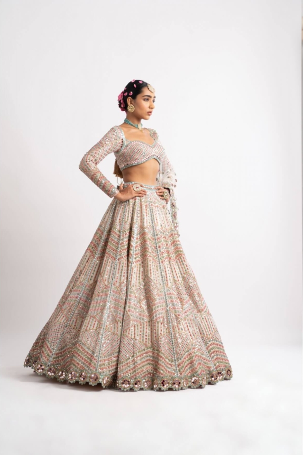 White Heavy Multi Geo Color Lehenga Set