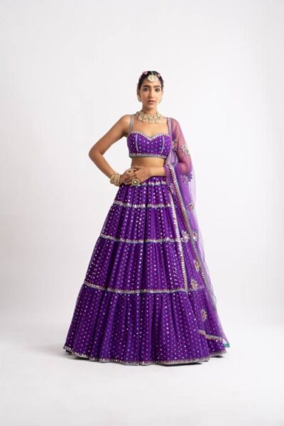 Purple Noodle Strap Multi Tier Lehenga Set