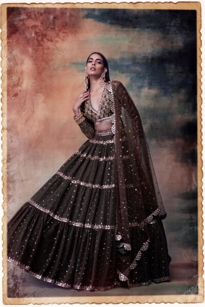 Olive Green Tier Lehenga Set