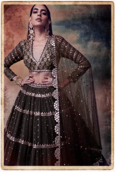 Olive Green Tier Lehenga Set