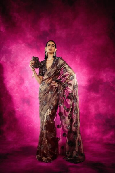 Copper Shimmer Organza Saree Set