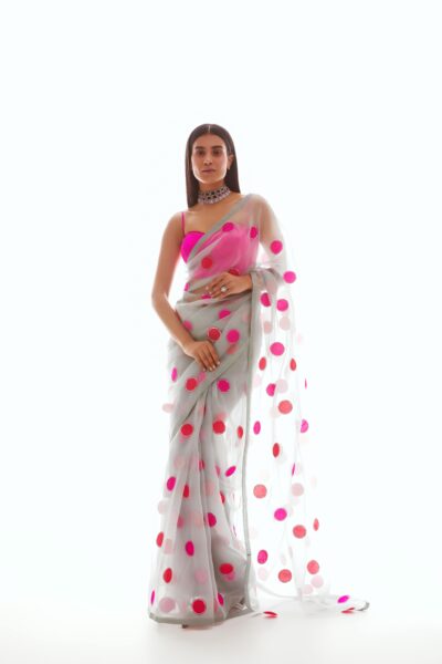 Light Grey Applique Organza Saree Set