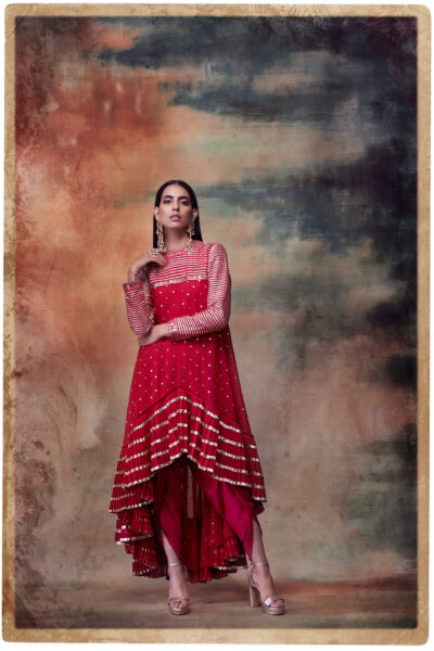 Crimson Red High Low Kurta Dhoti Set