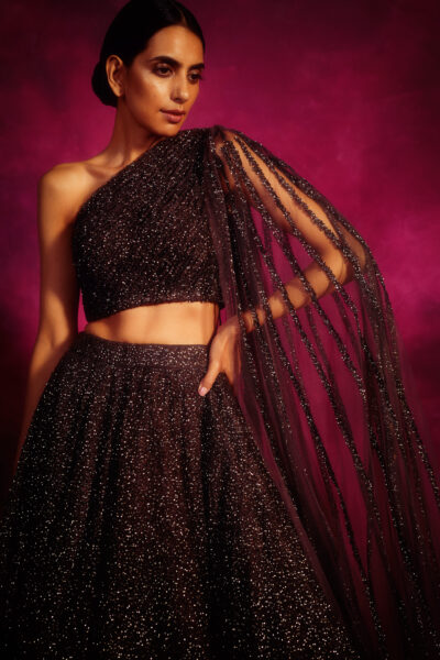Oxidised Silver one shoulder veil Lehenga Set