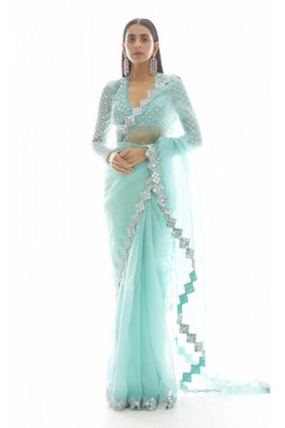 Biscay Green Organza Mirror Border Saree Set