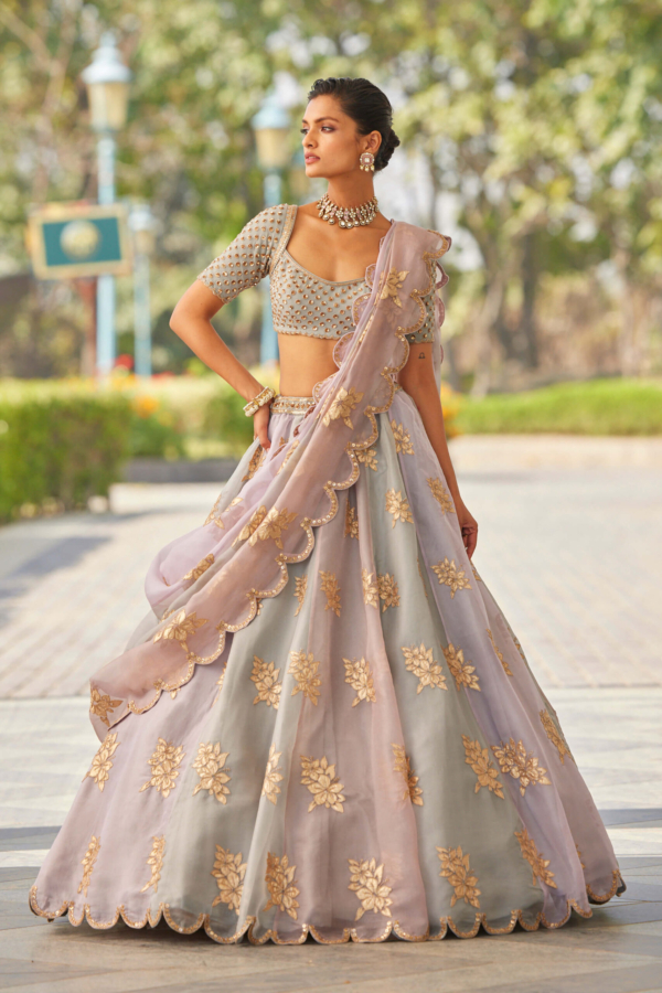 Powder Grey Multicolor Flower Lehenga Set