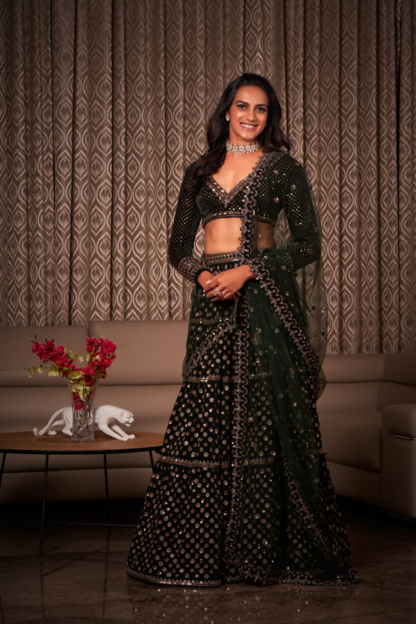 PV SINDHU In Deep Green Floral Lehenga Set