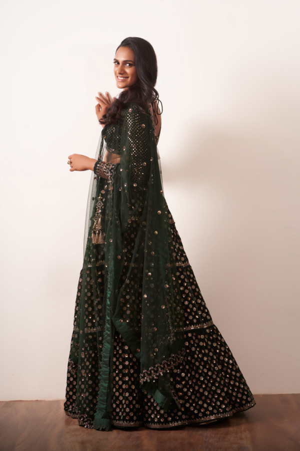 PV SINDHU In Deep Green Floral Lehenga Set