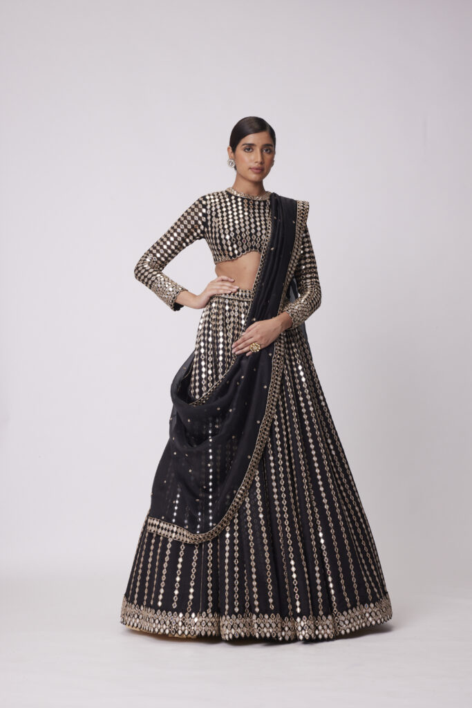 Black Linear Mirror Embroidered Organza Lehenga Set