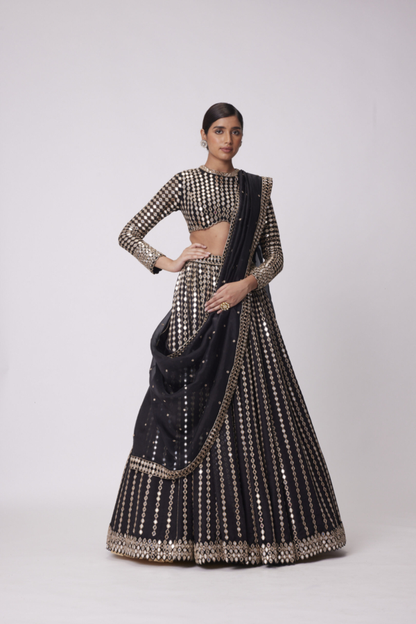 Black Linear Mirror Embroidered Organza Lehenga Set