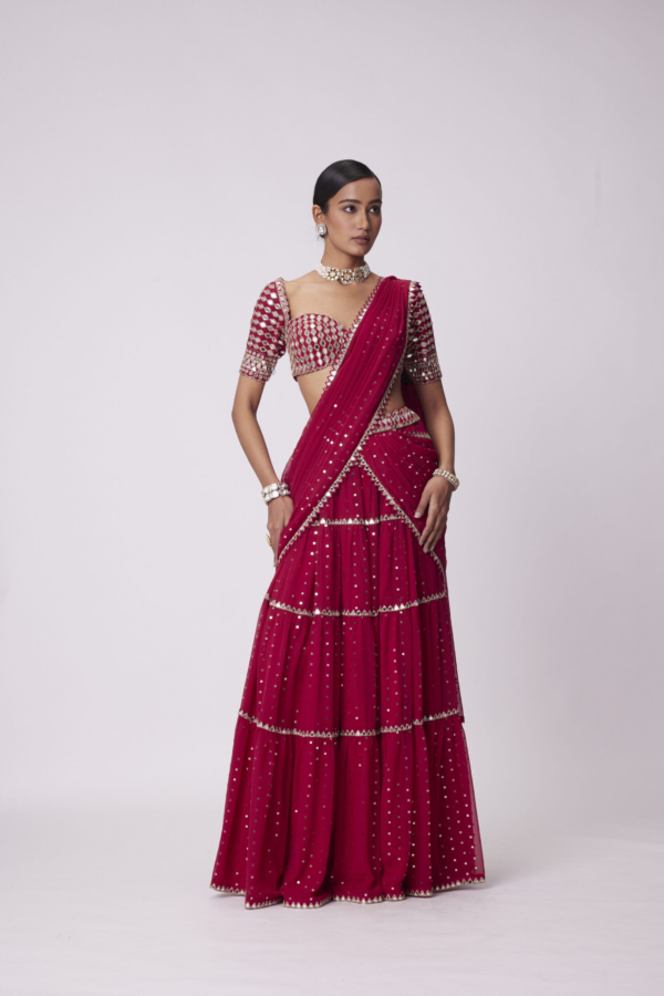Crimson Red Multi-tier Saree Set