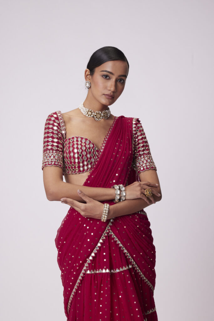 Crimson Red Multi-tier Saree Set